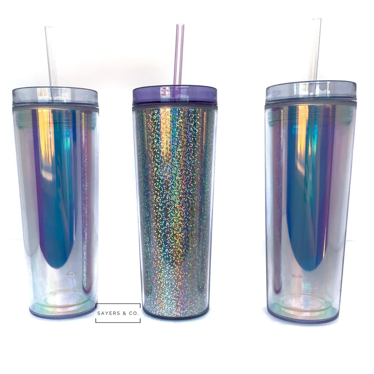 NEW! Holographic/Iridescent Skinny Tumblers with plastic straws in