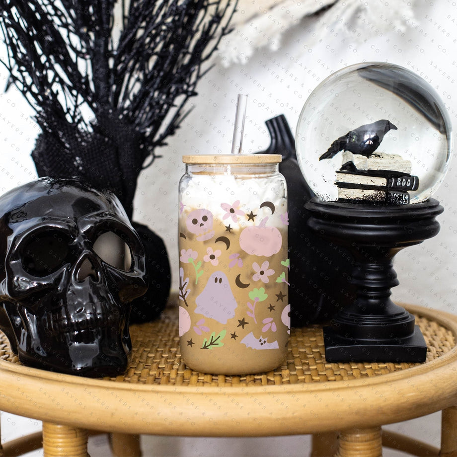 New Colors Available HALLOWEEN Ghost Glass Cup W Bamboo Lid & Glass Straw  Ghost Cup Fall Cup Coffee Glass Cup Iced Coffee Cup 